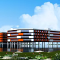 Modern School Building With Orange White Exterior Large Windows By Water And Greenery