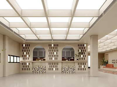 Modern Service Hall Interior With Skylight Ceiling And Decorative Counters 3d model