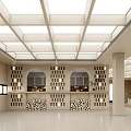 Modern Service Hall Interior With Skylight Ceiling And Decorative Counters
