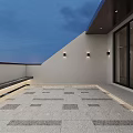 Modern Roof Garden with Outdoor Furniture Umbrella Green Plants City View and Water Fountain
