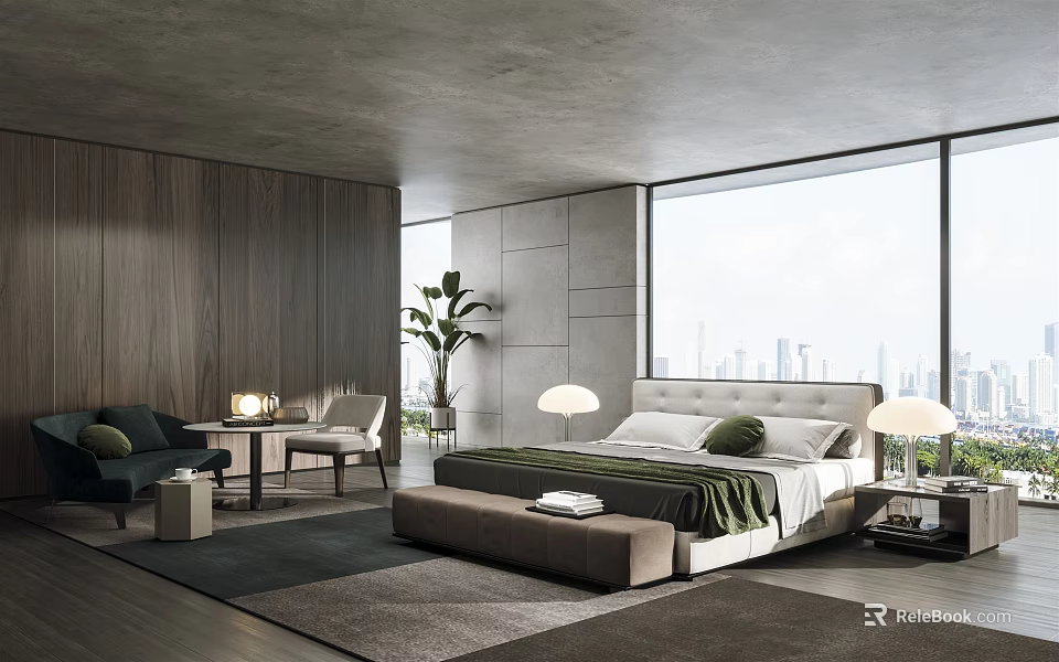 Modern Bedroom Interior Design With Large Bed Wooden Walls And City View Window 3d model 