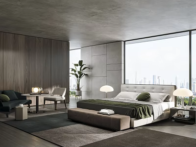 Modern Bedroom Interior Design With Large Bed Wooden Walls And City View Window 3d model