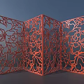 Ornate Red Folding Room Divider With Intricate Floral Carving Patterns 3d model