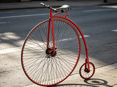 Red Vintage High Wheel Bicycle With Large Front And Small Rear Wheel Parked On Street 3d model