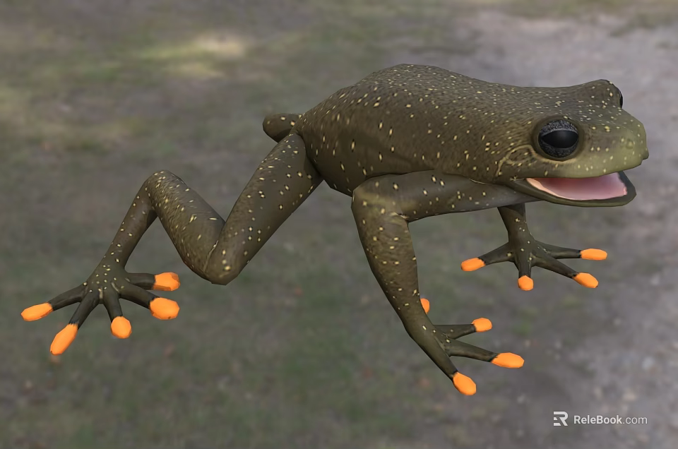 Green Aquatic Frog With Yellow Toes And Open Mouth In Jumping Posture 3d model 