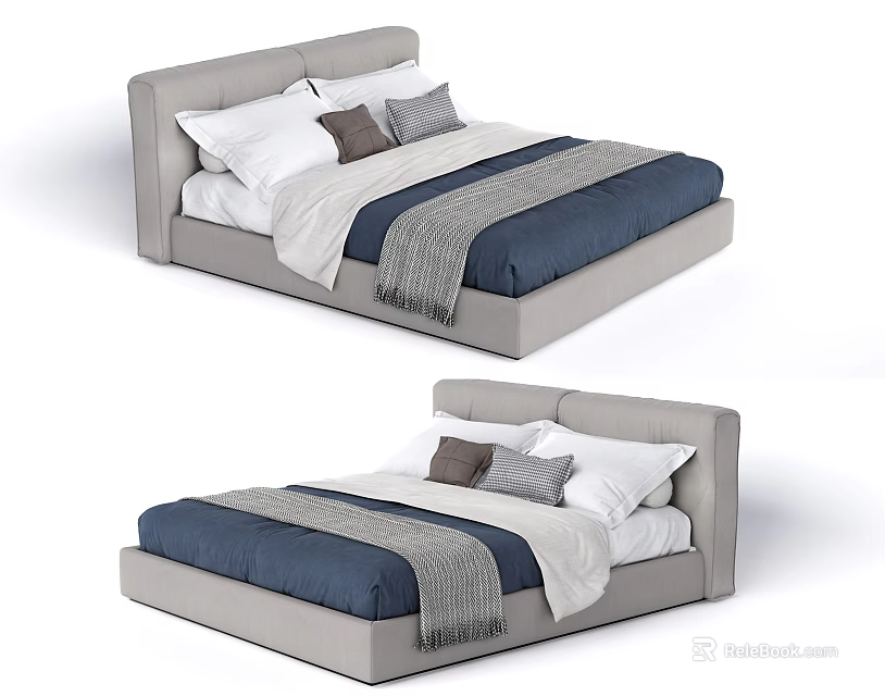 Elegant Modern Double Bed With Upholstered Headboard And Soft Neutral Bedding 3d model 