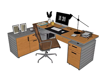 Modern Wooden Office Desk With Gray Cabinets Chair Lamp Clock Plant And Photo Frames 3d model