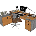 Modern Wooden Office Desk With Gray Cabinets Chair Lamp Clock Plant And Photo Frames