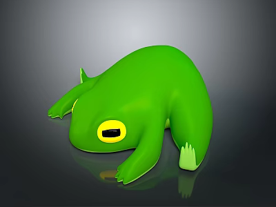 Green Reptile Lizard With Yellow Eyes Resting On Smooth Reflective Black Surface 3d model