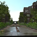Serene Garden Landscape With Stone Pathway Lush Greenery Modern Buildings Circular Archway Under Blue Sky