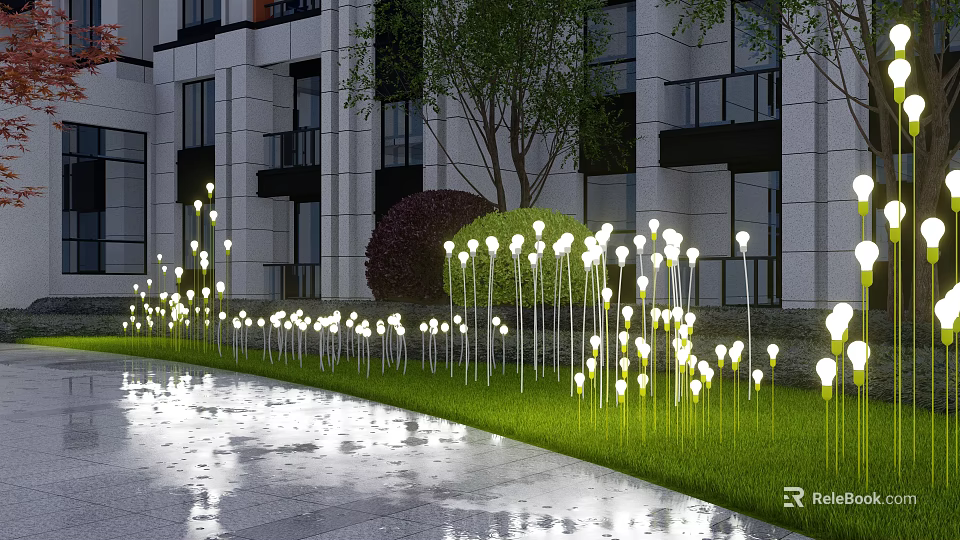 Outdoor Lights Illuminating Green Lawn with Tall Slender Stems Near Building and Trees 3d model 