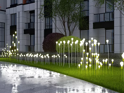 Outdoor Lights Illuminating Green Lawn with Tall Slender Stems Near Building and Trees 3d model