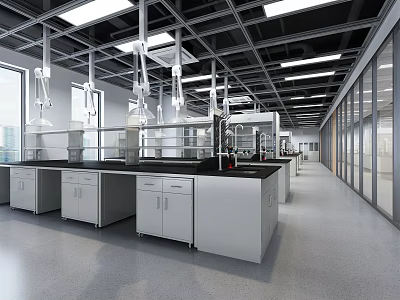 Modern Laboratory Interior Design With Open Layout Benches Fume Hoods And Cabinets 3d model