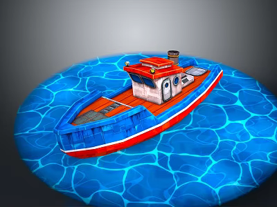 Red And Blue Wooden Boat Floating On Blue Rippled Water Surface 3d model