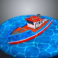 Red And Blue Wooden Boat Floating On Blue Rippled Water Surface