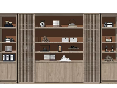 Modern Wooden Bookcase With Open Shelves And Decorative Books Ornaments 3d model