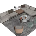 Modern Gray Sofa and Coffee Table Set with Round Table Ottomans and Throw Pillows 3d model