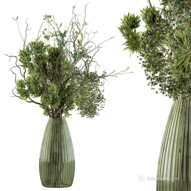 Elegant Striped Vases With Fresh Green Plants And Natural Branches 3d model 