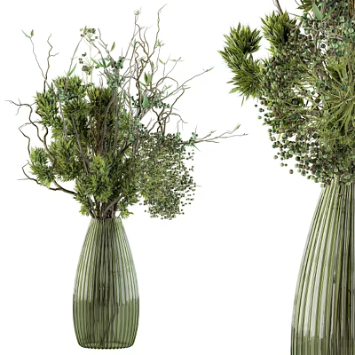 Elegant Striped Vases With Fresh Green Plants And Natural Branches 3d model