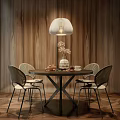 Round Wooden Dining Table Set With Woven Chairs Pendant Light Wooden Wall And Curtains