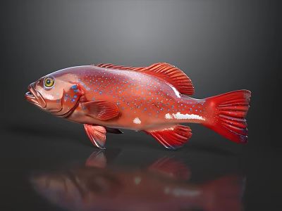 Red Fish With Blue Spots 3D Model On Reflective Gray Background 3d model