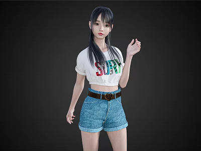 Woman Wearing White T-Shirt With Colorful SURF Print And Blue Denim Shorts With Brown Belt 3d model