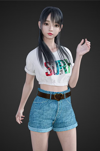 Woman Wearing White T-Shirt With Colorful SURF Print And Blue Denim Shorts With Brown Belt 3d model