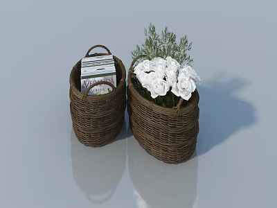 Two Woven Storage Baskets with Magazines White Flowers and Green Plants 3d model