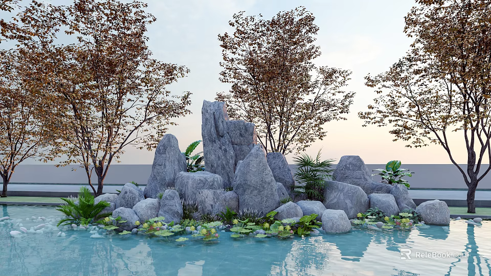 Natural Courtyard Garden With Rocks Trees Water And Water Lilies 3d model 