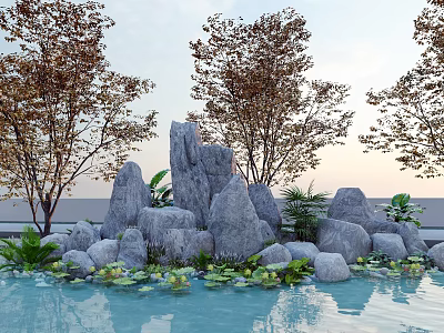 Natural Courtyard Garden With Rocks Trees Water And Water Lilies 3d model