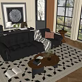 Black Leather Sofa And Wooden Coffee Table With Throw Blanket Accent Pillow Area Rug