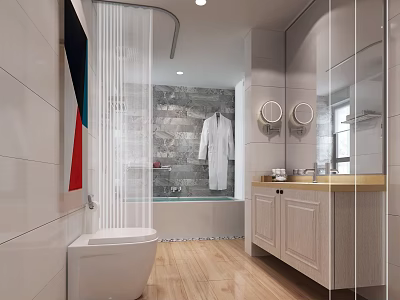Elegant Bright Modern Bathroom Interior With Warm Wooden Floor Vanity Toilet And Complete Bath Fixtures 3d model