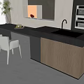 Modern Open Kitchen Dining Table Set With Black Countertop And White Chairs 3d model