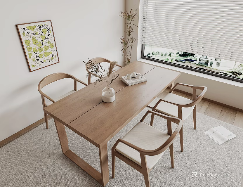 Wooden Dining Table With Four Chairs Vase Plant And Rug Near Window In Bright Room 3d model 