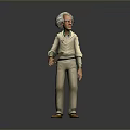 3D Model Man With White Hair Wearing Light Colored Outfit Holding Object On Gray Background