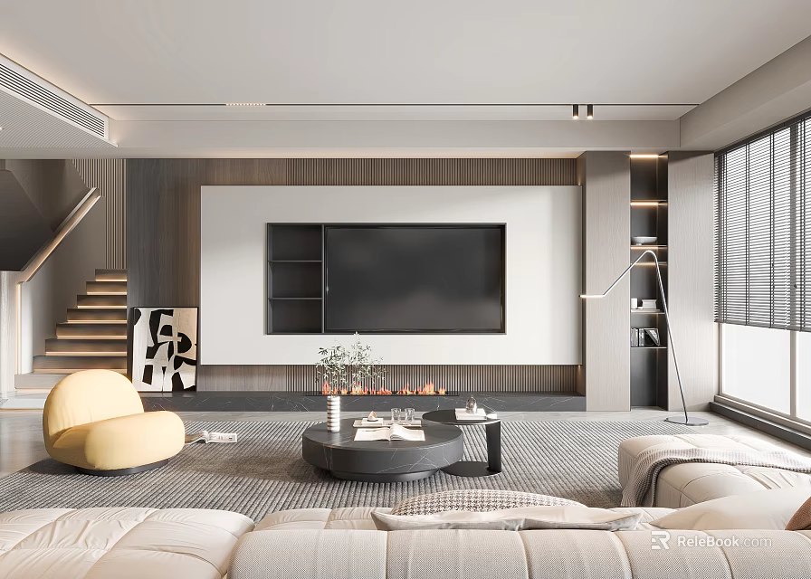 Elegant Modern Living Room Interior With Sofa Coffee Table TV Wall Yellow Armchair And Fireplace 3d model 