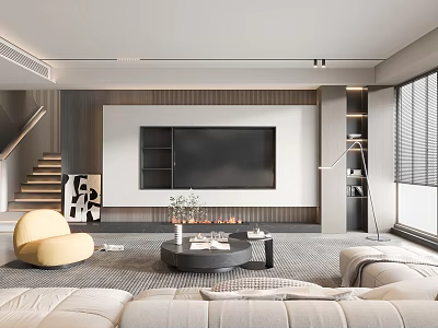Elegant Modern Living Room Interior With Sofa Coffee Table TV Wall Yellow Armchair And Fireplace 3d model