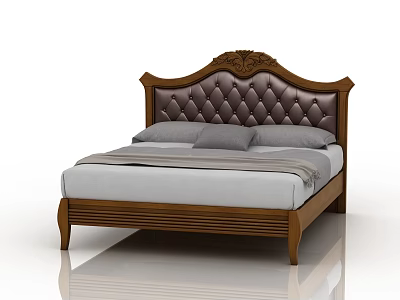 Elegant Carved Wooden Double Bed With Tufted Headboard And Gray Mattress 3d model