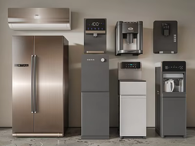 Smart Home Machines Featuring Stainless Steel Refrigerator And Digital Display Water Dispensers 3d model