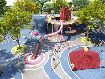 Outdoor Children's Playground Garden Landscape with Colorful Slide Green Trees and Play Areas 3d model