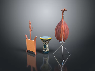Traditional Chinese Musical Instruments Including Pipa Drum And Guzheng With Wooden Frames 3d model