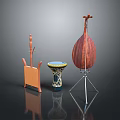 Traditional Chinese Musical Instruments Including Pipa Drum And Guzheng With Wooden Frames
