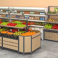 Sturdy Display Shelves in Supermarket Stocked with Fresh Fruits and Vegetables