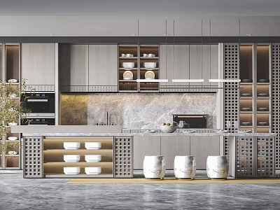 Modern Kitchen Interior Design With Grey Cabinets Marble Countertops Island White Stools And Hanging Lights 3d model