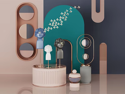 Window Display Decoration Featuring Figurines Geometric Decor And Bird Ornaments On Stand 3d model