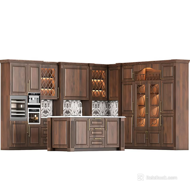 Walnut Wood Kitchen Cabinets Featuring Glass Door Wine Storage Island Counter And Drawers 3d model 