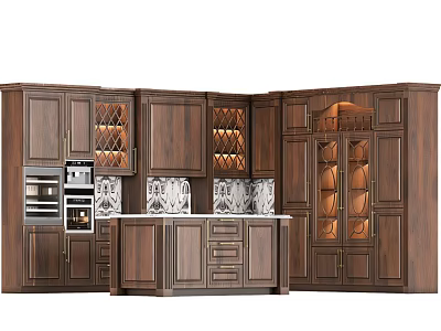 Walnut Wood Kitchen Cabinets Featuring Glass Door Wine Storage Island Counter And Drawers 3d model