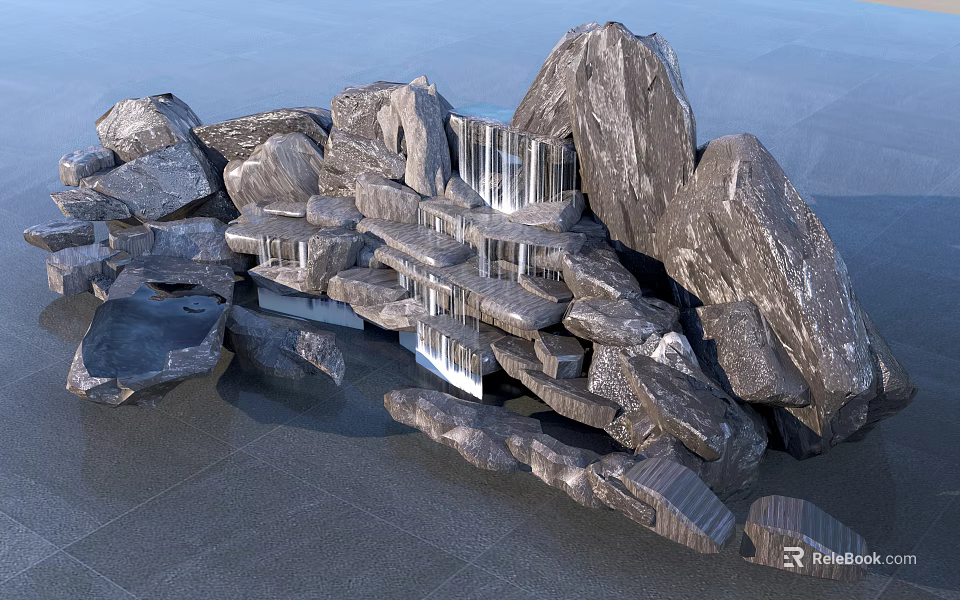 Creative Outdoor Garden Ornament With Stacked Rocks And Natural Waterfall Design 3d model 