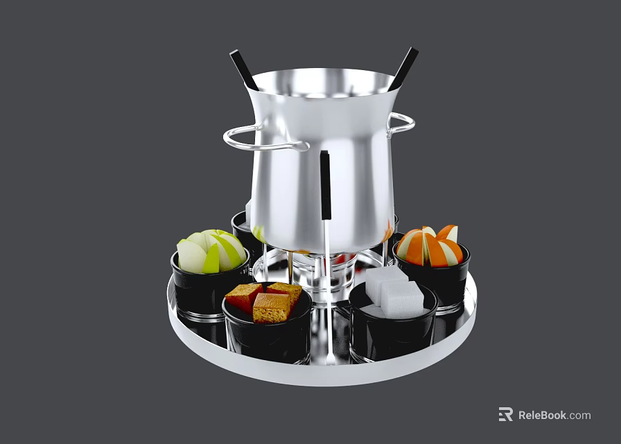 Stainless Steel Fondue Pot With Fresh Fruits And Dipping Sauces Serving Setup 3d model 