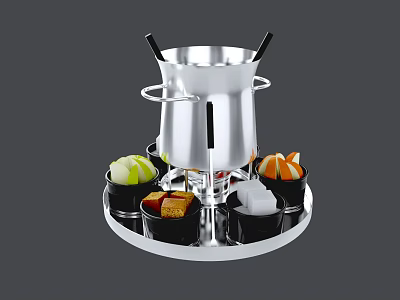 Stainless Steel Fondue Pot With Fresh Fruits And Dipping Sauces Serving Setup 3d model